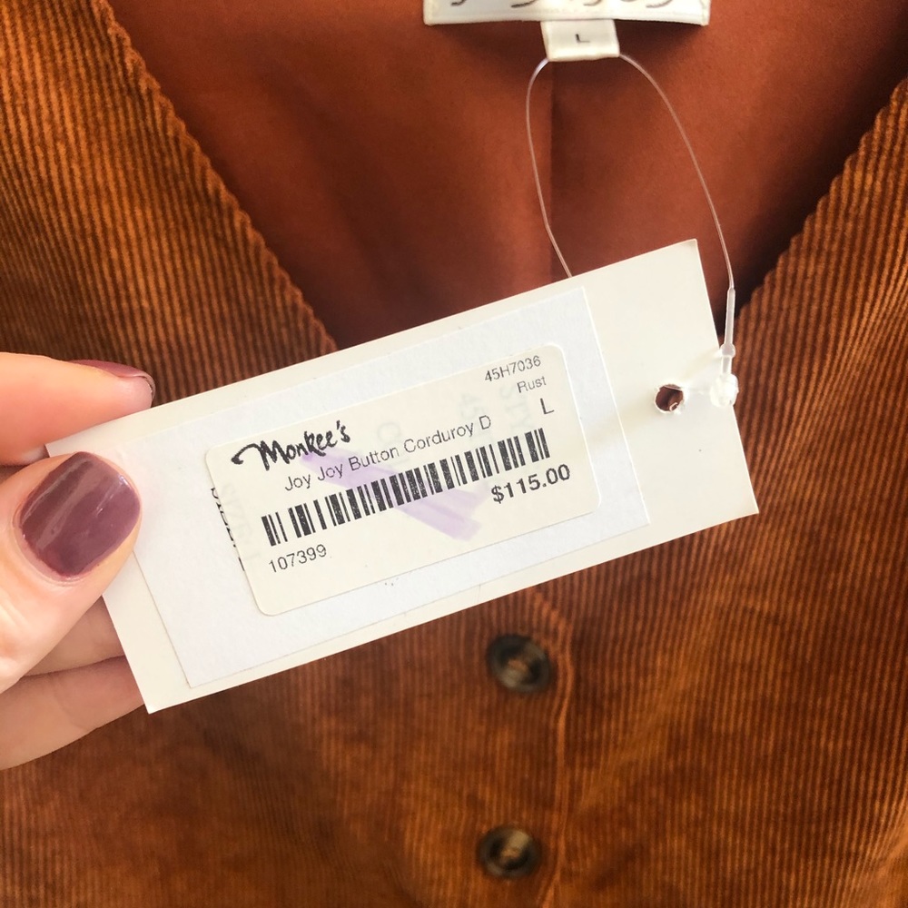 Joy Joy Button Down Corduroy Dress in Sz Large